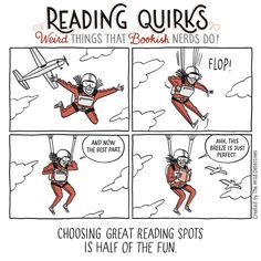 a comic strip with an image of a man falling from a plane and the caption reads reading quirkss weird things that books do