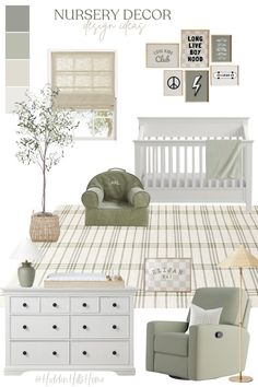 Nursery decor mood board with green accent tones! This baby boys room has white and sage green tones throughout! Baby boy’s nursery design inspiration White And Sage Nursery, Sage And Beige Nursery, Green Nursery Color Palette, Sage Green And White Nursery, Boy Nursery Green Accent Wall, Mint Green Nursery Boy, Green Boy Nursery Ideas