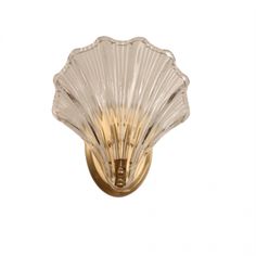 a glass scallop is mounted on a gold - plated metal wall light