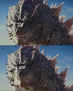 two pictures of godzillas with their mouths open