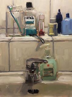 an oil painting of bottles and other items on a counter top in a room with white walls