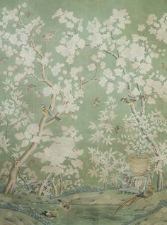 an old wallpaper with birds and flowers on the green background is shown in this image