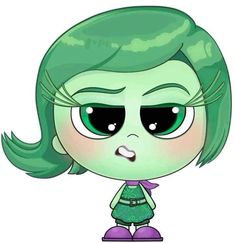 a cartoon character with green hair and big eyes
