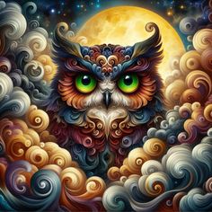 an owl with green eyes sitting on top of clouds in front of a full moon