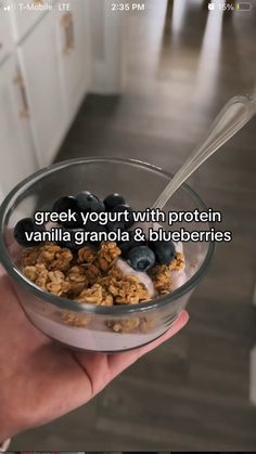 a person holding a bowl of cereal with yogurt and blueberries in it