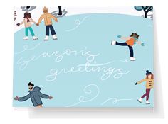 an illustration of people skating on the ice rink with words seasons greetings written in white