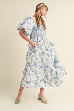 Blue Floral Smocked Puff Sleeve Midi Dress– PinkBlush Light Blue Floral Dresses, Blue Floral Bridesmaids, Midi Bridal Dress, Light Blue Floral Dress, Blue Floral Midi Dress, Modest Tops, Easter Dresses, Puff Sleeve Midi Dress, Modesty Outfits