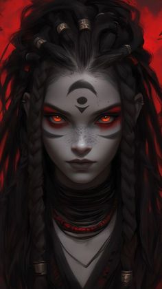 an image of a woman with red eyes and long braids on her head, wearing black