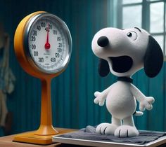 a cartoon dog standing on top of a scale next to a clock