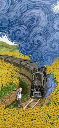 a painting of a train going down the tracks in a field with sunflowers