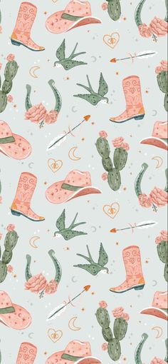 an image of a pattern with cactus and boots on the ground in pastel colors