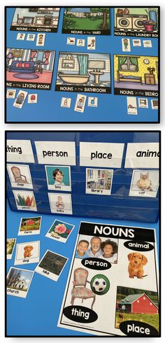 a blue table topped with pictures and cards