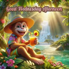 a monkey with a drink in his hand and the words good wednesday afternoon on it