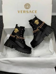 Versace Boots, Grunge Shoes, Rainbow Heels, Stylish School Bags, Dr Shoes, Versace Shoes, Chic Shoes, Girly Shoes, Boots Sneakers