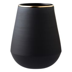 a black vase with a gold rim is shown on a white background for use as a decoration