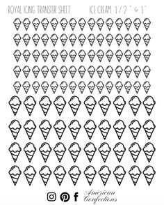 an ice cream cone pattern with the words, royal icing transfer sheet and numbers