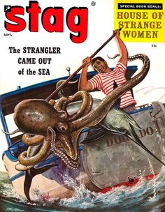 an old magazine cover with an octopus attacking a man in a boat