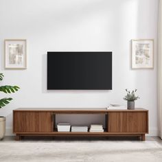 a living room with a large flat screen tv mounted on the wall and two potted plants next to it