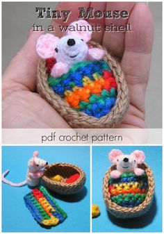 tiny mouse in a knitted basket with rainbows and crochet patterns on it