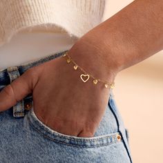 Ross-Simons - Italian 14kt Yellow Gold Heart Station Bracelet. 7.5". RS Pure. Modern designs that complete your outfit and complement your personality. Fall in love with our dainty bracelet from Italy. This simple style will make you swoon with sweet heart charms dangling from a 14kt yellow gold cable chain with a 1/2" extender. Springring clasp, 14kt yellow gold heart bracelet. Gold Jewelry Set, Italian Bracelet, Gold Heart Bracelet, Station Bracelet, Gold Jewelry Sets, Dainty Bracelet, Yellow Gold Jewelry, Bare Necessities, Dainty Bracelets