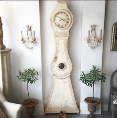 an old grandfather clock in the corner of a living room with potted plants on the floor