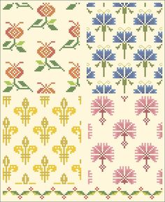 four cross stitch designs with flowers and leaves on the side, one in different colors