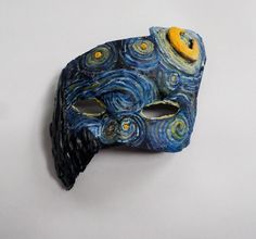 Starry Night Mask, painting, Van Gough, unique mask, paper mache mask, half mask by ArtisanMasks on Etsy Painted Masks Diy, Diy Paper Mache Mask, Art Masks Ideas, Painted Masquerade Mask, Carnaval Mask, Papier Mache Mask, Mascara Papel Mache, Mask Paper Mache, Mask Inspiration