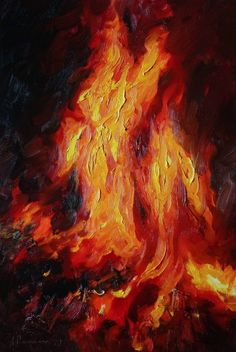 an oil painting of a fire with red and yellow flames