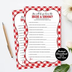 a red and white checkered bridal game with flowers on the table next to it