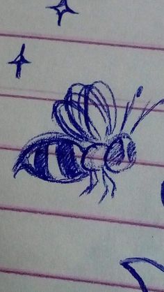 a drawing of a bee on lined paper with birds flying around it and stars in the sky