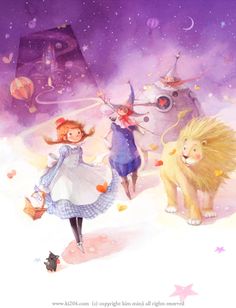 an image of children in the snow with animals and cats around them on a purple background