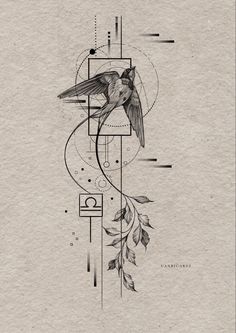 a black and white drawing of a bird on a branch with geometric shapes in the background
