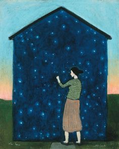 a painting of a woman standing in front of a building with stars on the sky