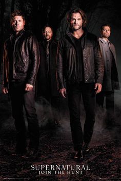 the supernatural movie poster with three men standing in front of a dark forest, one man is