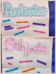 two posters with words and pictures on them, one has the word subjects written in different colors