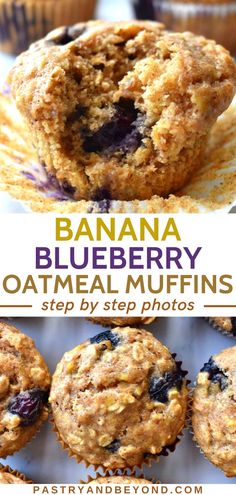 banana blueberry oatmeal muffins stacked on top of each other