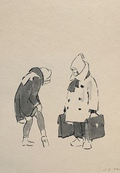 two people with suitcases standing next to each other on a white paper background, one is looking down at the ground