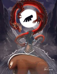 an image of a woman with a dragon on her back and the moon in the background