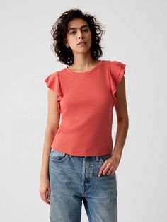 Soft cotton-blend ribbed shirt.  Crewneck.  Short flutter sleeves.  * Fit: Stretch-to-Fit.  Slim & stretchy that forms to your shape.  Hits at the hip.  Models wearing Gap Flutter Sleeve Shirt, Ribbed Shirt, Summer Family, Coral Red, Family Outfits, Flutter Sleeves, Women's Summer Fashion, New Woman, Flutter Sleeve