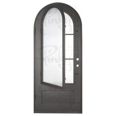 an arched glass door with black frame and clear glass on the front part of it