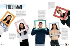 three people holding up frames in front of their faces with the words freshman above them