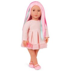 a doll with long hair and pink dress is standing in front of a white background