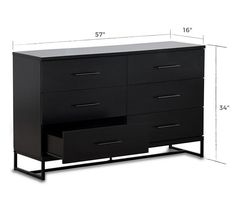 a black dresser with drawers and measurements for the top drawer, sideboard or cabinet