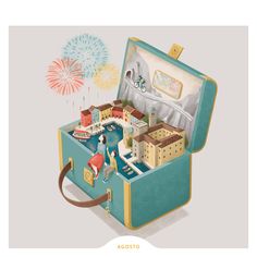 an open suitcase with people and fireworks in the sky behind it on a gray background