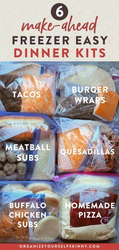 six freezer - ready dinner kits with text overlay