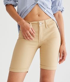 Shorts - Soft, stretchy and the perfect length for getting through the school day in complete comfort. - female - Cotton Khaki Shorts Outfit Women, Khaki Jeans Outfit, Khaki Shorts Women, Khaki Shorts Outfit, Womens Khaki Shorts, Bermuda Shorts Women, Khaki Jeans, Shorts Outfits Women, Summer Tanning