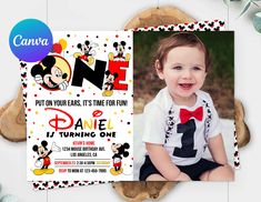 a mickey mouse birthday party photo card with the number one on it's front