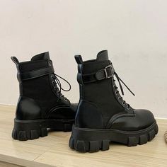 2022 Black Platform Combat Ankle Boots For Women Lace Up Buckle Strap – Sonicelife Woman Shoes, Dr Shoes, Pu Boots, Ankle Boots For Women, Black Platform Boots, Black Combat Boots, Buckle Boots, Black Platform, Biker Boots