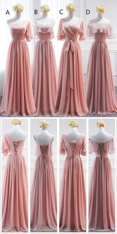 four different views of dresses on mannequins, one in pink and the other in