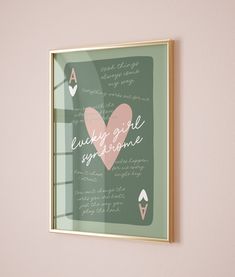 "Spruce up your wall with this fabulously girly original design from NahaPrints! This wall art poster bursts with sage green, pink and white hues, featuring a \"Lucky Girl Syndrome\" ace of hearts card print adorned with charming affirmation quotes all over, reminding you just how lucky you truly are! With its retro charm, it's the perfect addition to your space, adding a dash of girly flair and preppy vibes to your funky apartment decor. Y O U * R E C E I V E * 5 files that are scalable to different sizes at 300 DPI high resolution and CMYK color profile for printing. (If you are purchasing a gallery set, you will receive 5 ratios for each artwork.) * 2:3 ratio: 24x36 Scalable to 4x6 / 6x9 / 8x12 / 10x15 / 12x18 / 16x24 / 20x30 * 3:4 ratio: 18x24 Scalable to 6x8 / 9x12 / 12x16 / 15x20 * 4